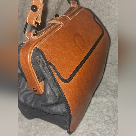 Paco Lobo Cognac Leather Black Nylon Crossbody Bag Adjustable Strap Purse - Picture 10 of 16